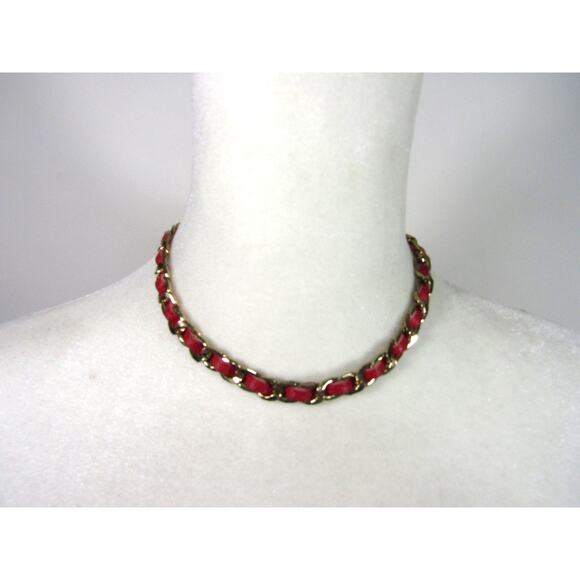 Red Faux Leather Gold Tone Choker Necklace 14" Boho Whimsigoth Cottagecore Chic - Picture 1 of 5